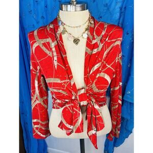 Vtg Y2K Gold Jostar Sequin Red And Gold Cardigan Tie Top Blouse Medium/Large